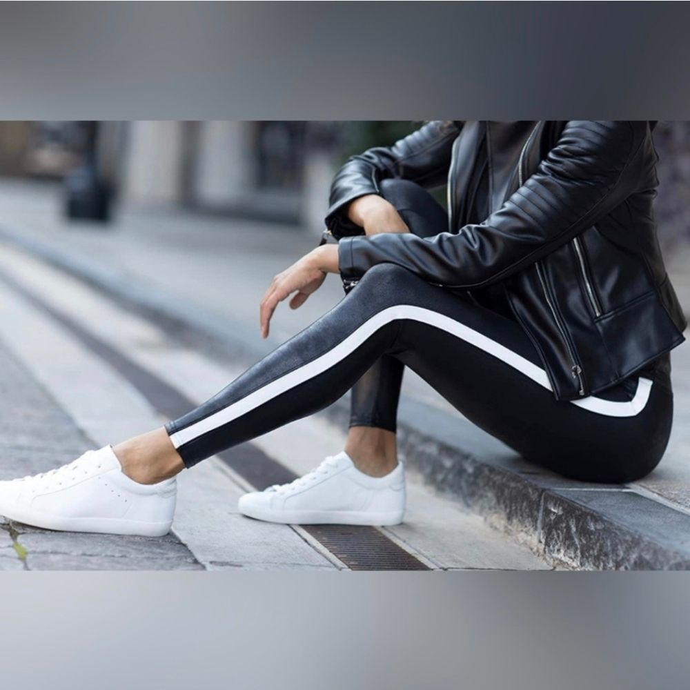 SPANX Faux Leather Leggings for Women Tummy Control with Side Stripe Medium